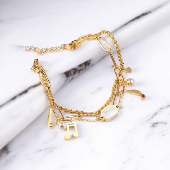 NEW 18K yellow gold plated double chain music note bracelet jewelry B28A - Picture 7 of 10